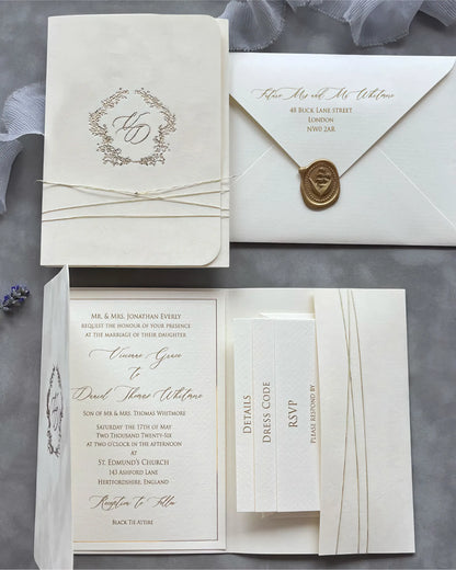 Virginie Cream velvet pocketfold wedding invitation suite with envelope, wax seal and insert cards — Polina Perri