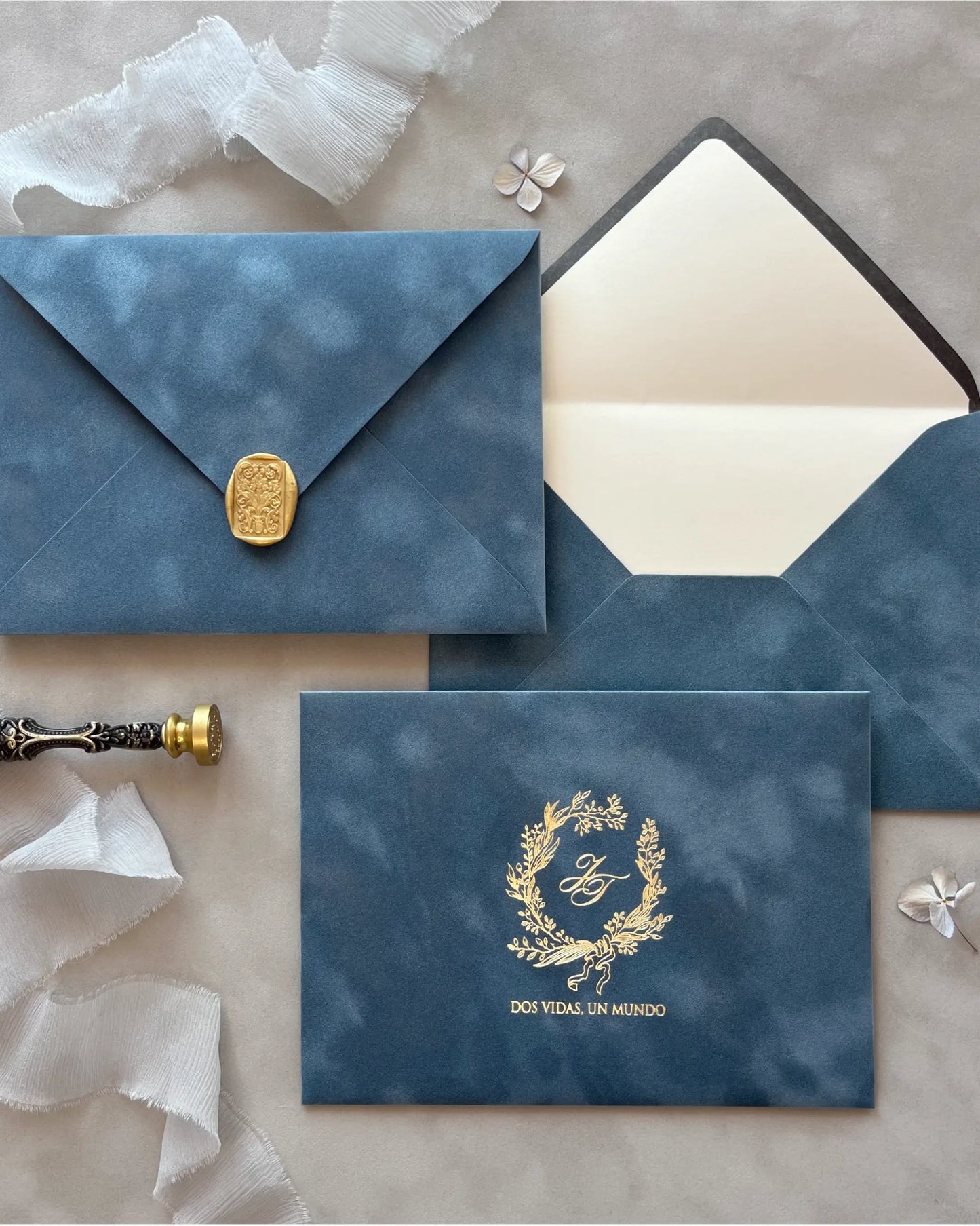 Dusty Blue Velvet Wedding Envelopes with gold paper liner, wax seal and gold foil monogram — Polina Perri