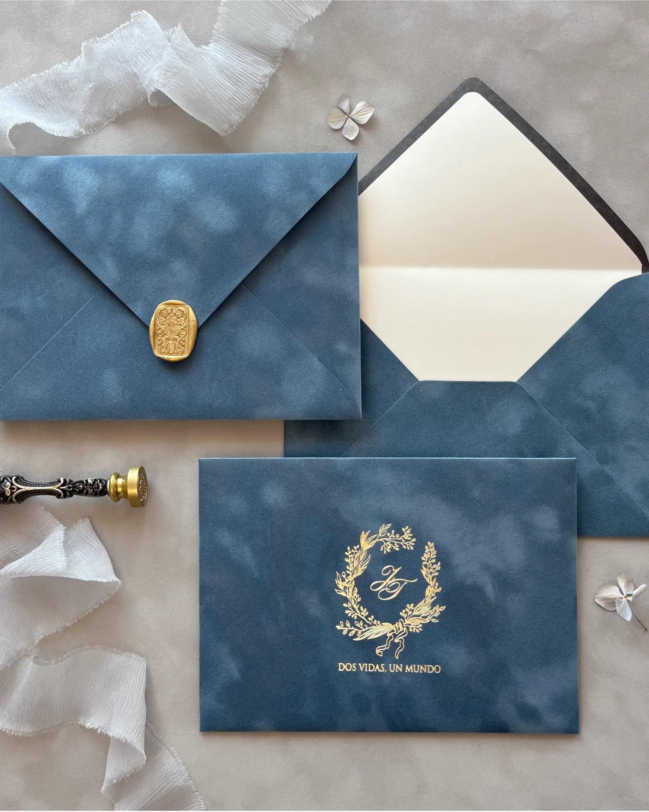 Dusty Blue Velvet Wedding Envelopes with gold paper liner, wax seal and gold foil monogram — Polina Perri