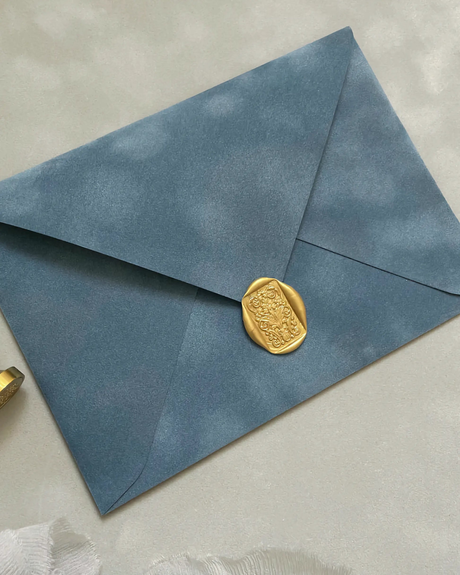 Dusty Blue Velvet Wedding Envelope with gold wax seal — Polina Perri