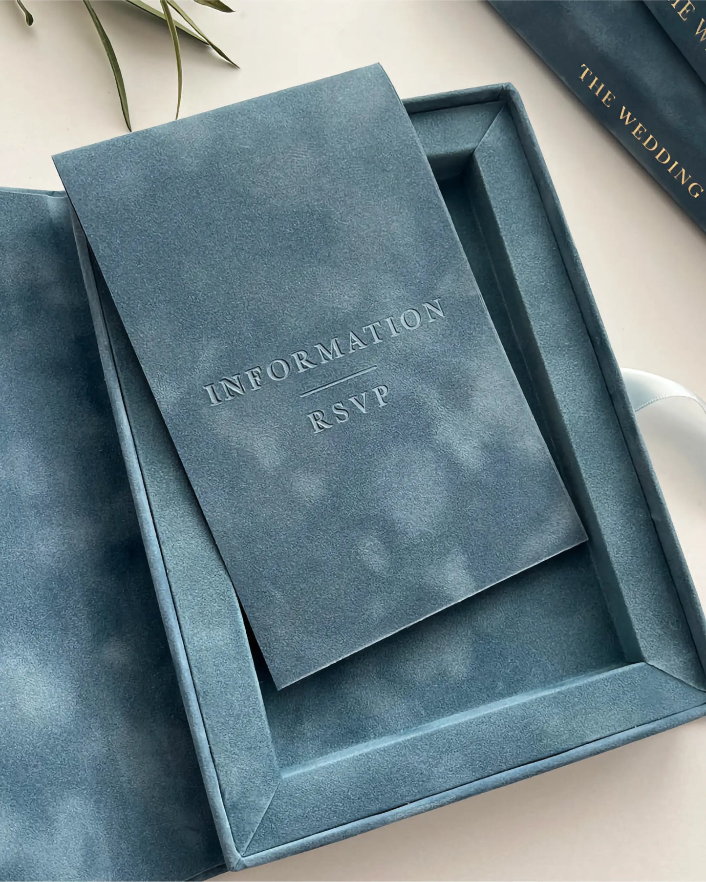 Villa Cimbrone Dusty Blue Velvet Box with information booklet showing INFORMATION RSVP debossed cover — Polina Perri