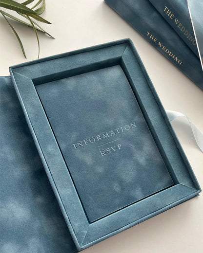 Villa Cimbrone Dusty Blue Velvet Box open showing velvet-lined interior with information booklet — Polina Perri
