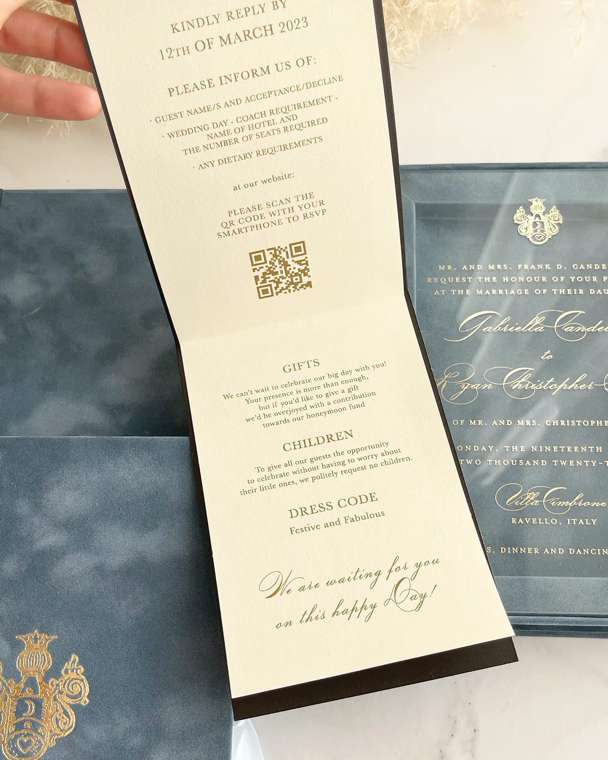 Villa Cimbrone Dusty Blue Velvet Boxed invitation RSVP booklet with QR code and acrylic insert — Polina Perri