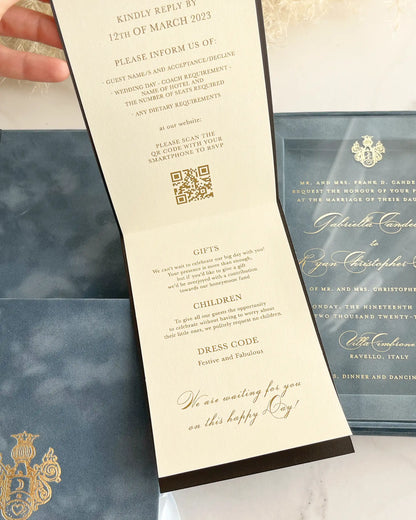 Villa Cimbrone Dusty Blue Velvet Boxed invitation RSVP booklet with QR code and acrylic insert — Polina Perri