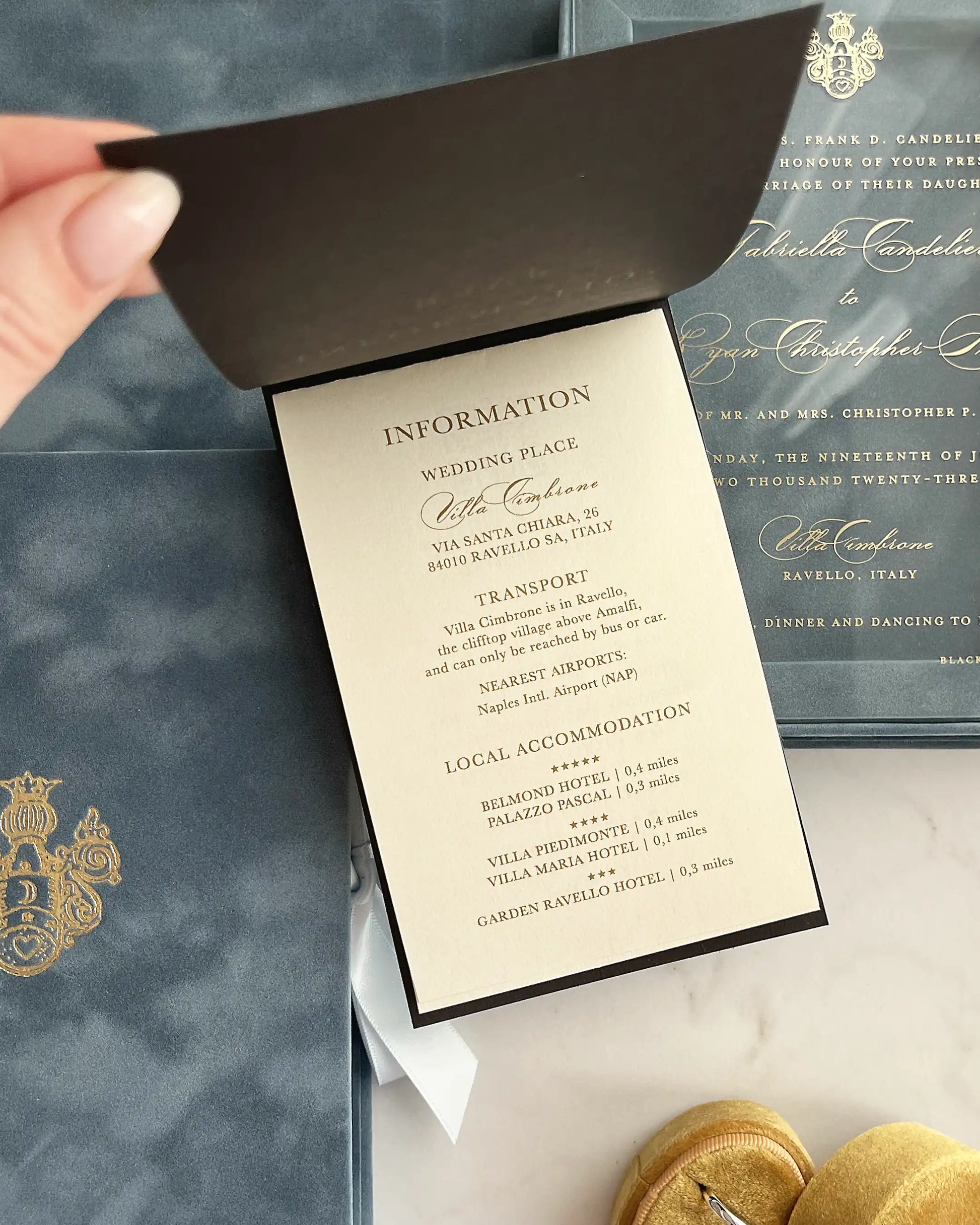 Villa Cimbrone Dusty Blue Velvet Boxed invitation information card with venue details and gold monogram — Polina Perri