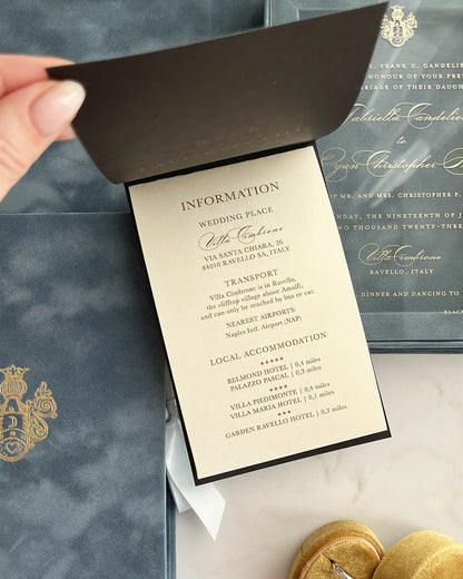 Villa Cimbrone Dusty Blue Velvet Boxed invitation information card with venue details and gold monogram — Polina Perri