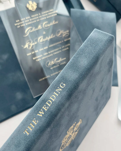 Villa Cimbrone Dusty Blue Velvet Boxed invitation sidelong spine with gold foil THE WEDDING title — Polina Perri
