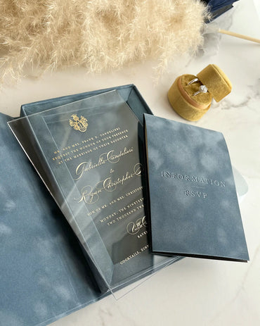Villa Cimbrone Dusty Blue Velvet Boxed invitation with acrylic insert and velvet booklet open — Polina Perri