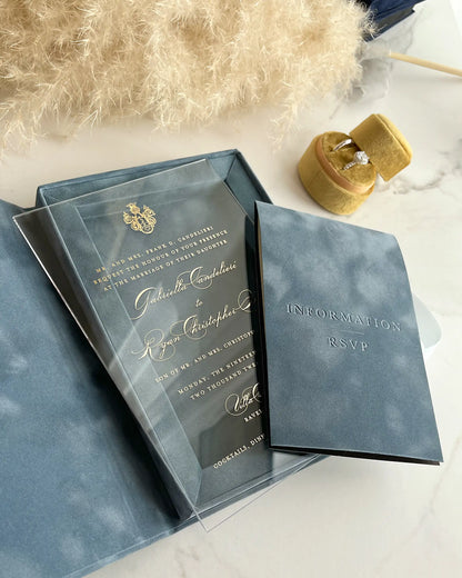 Villa Cimbrone Dusty Blue Velvet Boxed invitation with acrylic insert and velvet booklet open — Polina Perri