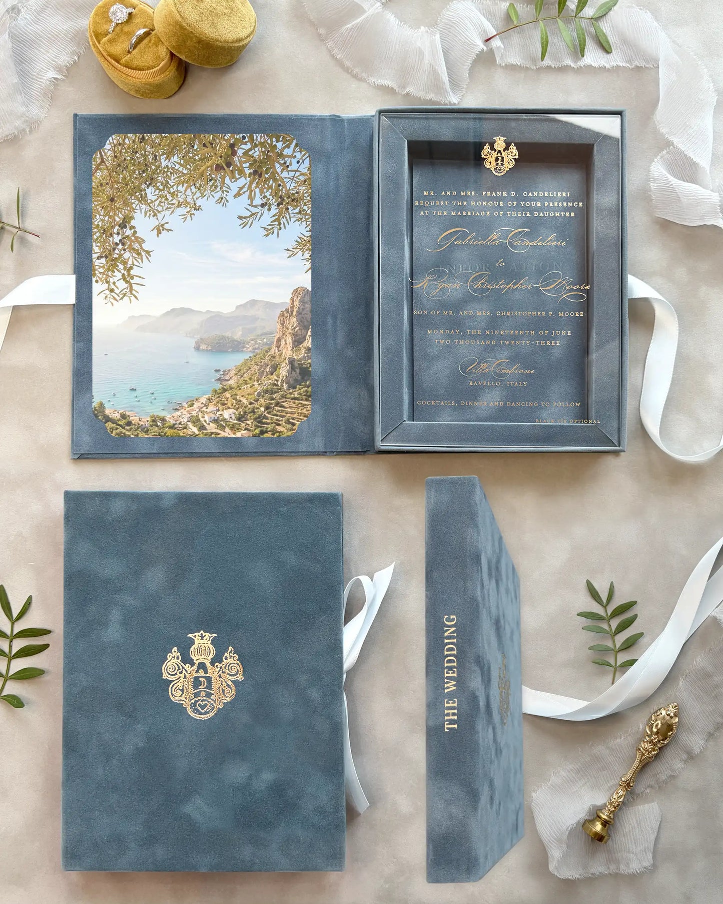 Villa Cimbrone Dusty Blue Velvet Boxed wedding invitation set with acrylic insert and sidelong spine — Polina Perri