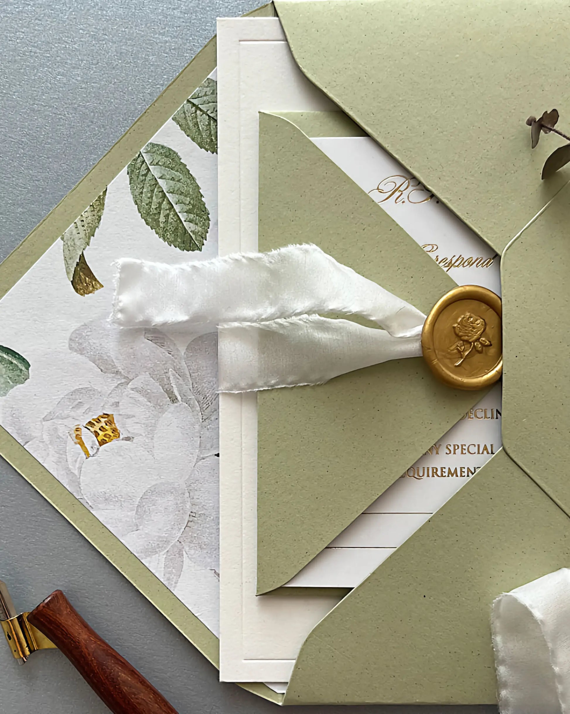 Eleanor Wedding Invitation RSVP Card with Gold Wax Seal and Silk Ribbon — Polina Perri