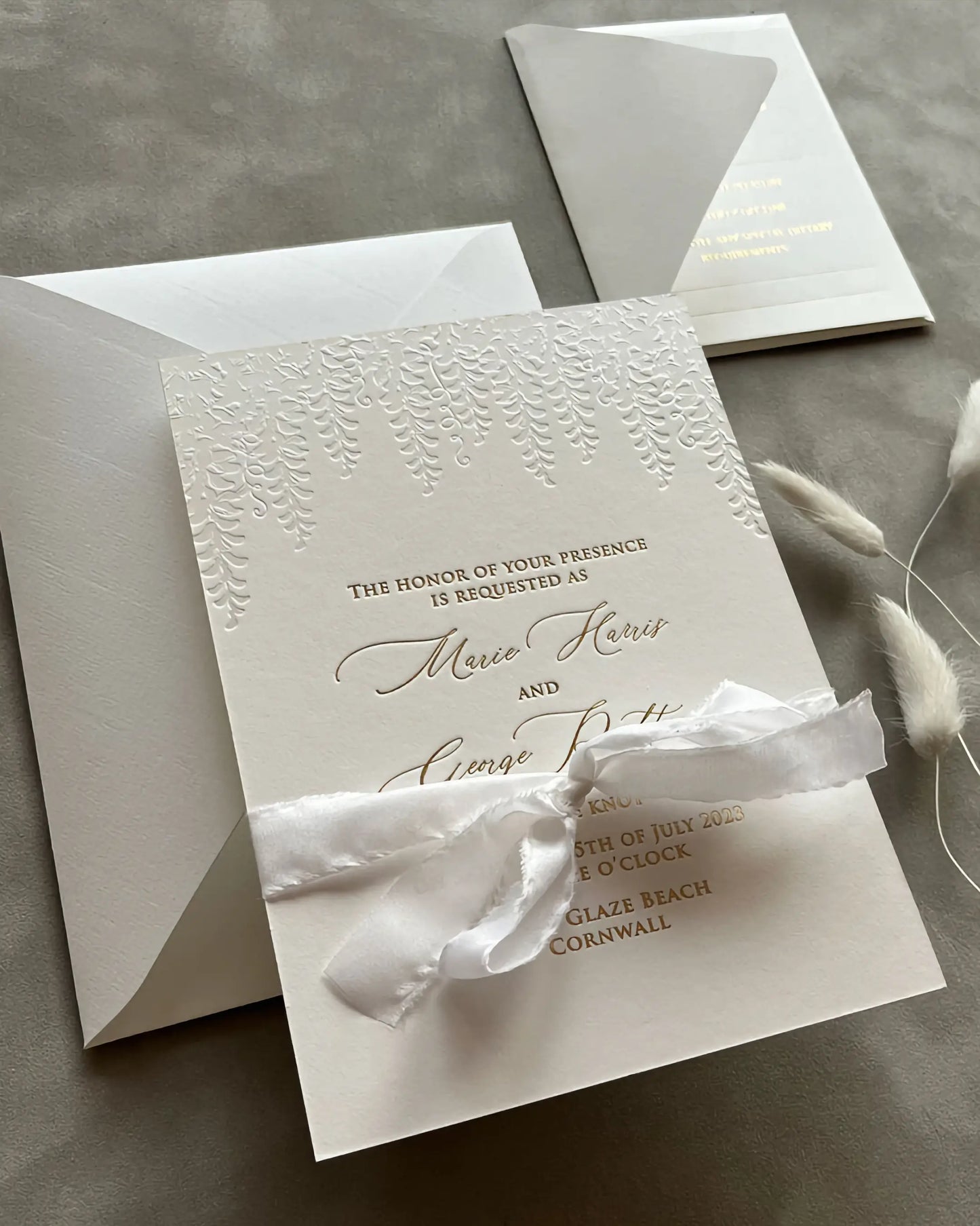 Embossed Wisteria Wedding Invitation with White Silk Ribbon and Cream Envelope — Polina Perri