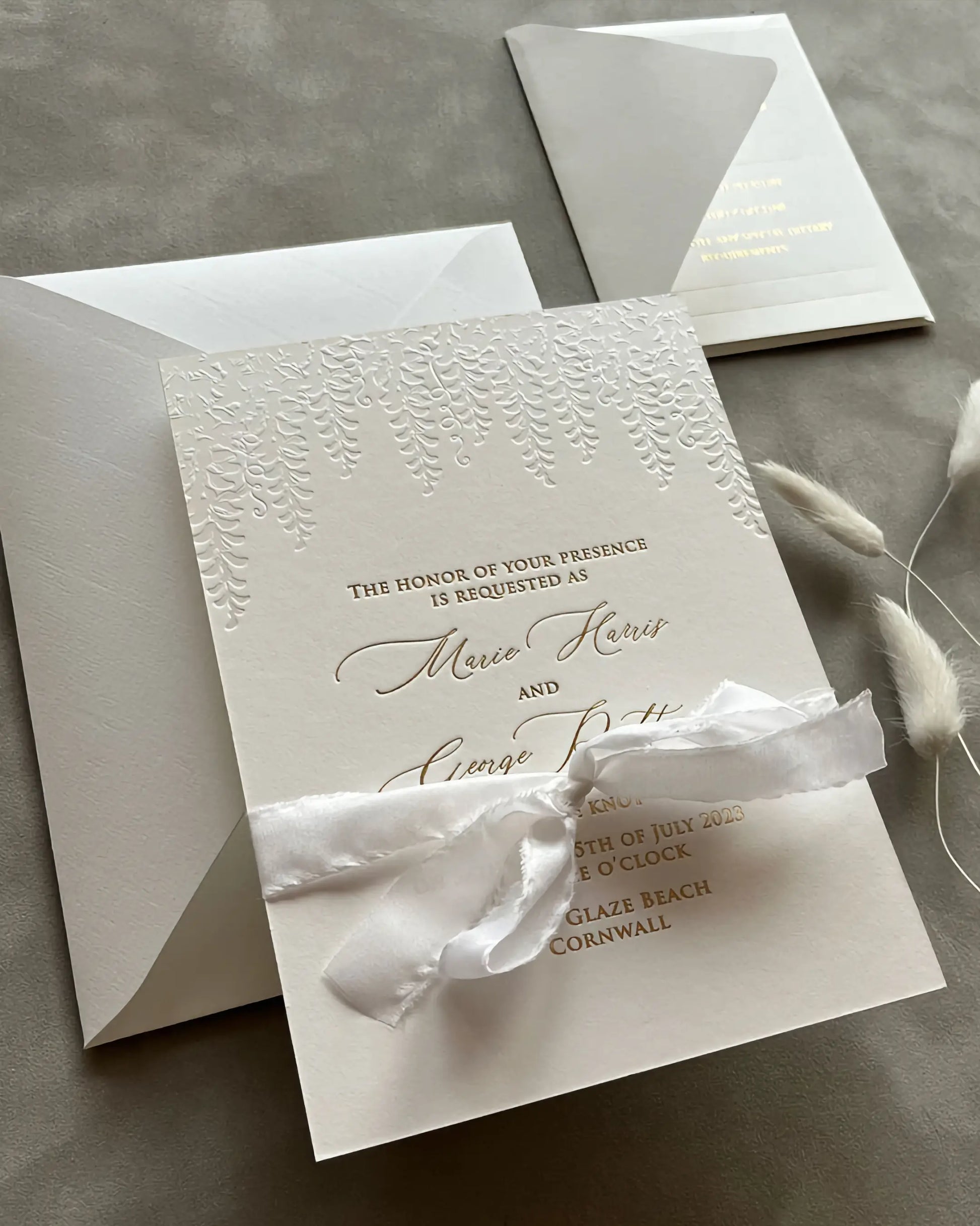 Embossed Wisteria Wedding Invitation with White Silk Ribbon and Cream Envelope — Polina Perri