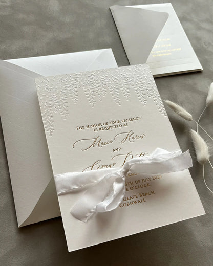 Embossed Wisteria Wedding Invitation with White Silk Ribbon and Cream Envelope — Polina Perri