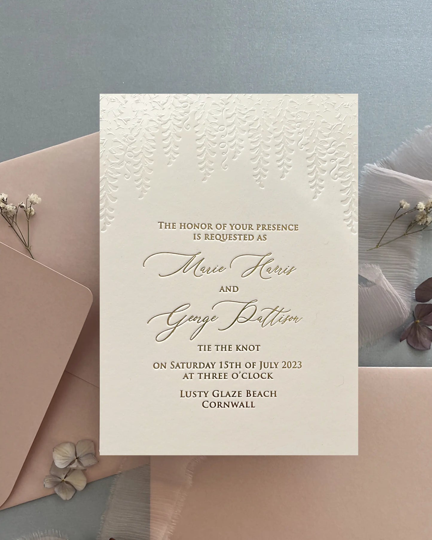 Embossed Wisteria Wedding Invitations on Cotton Card Stock — Polina Perri