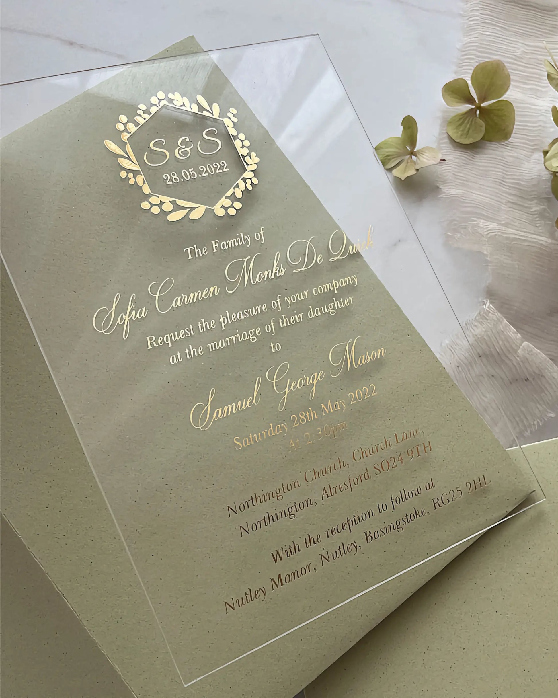 Eucalyptus Minimalist Acrylic wedding invitation with gold foil botanical monogram crest on clear acrylic — Polina Perri