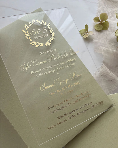 Eucalyptus Minimalist Acrylic wedding invitation with gold foil botanical monogram crest on clear acrylic — Polina Perri