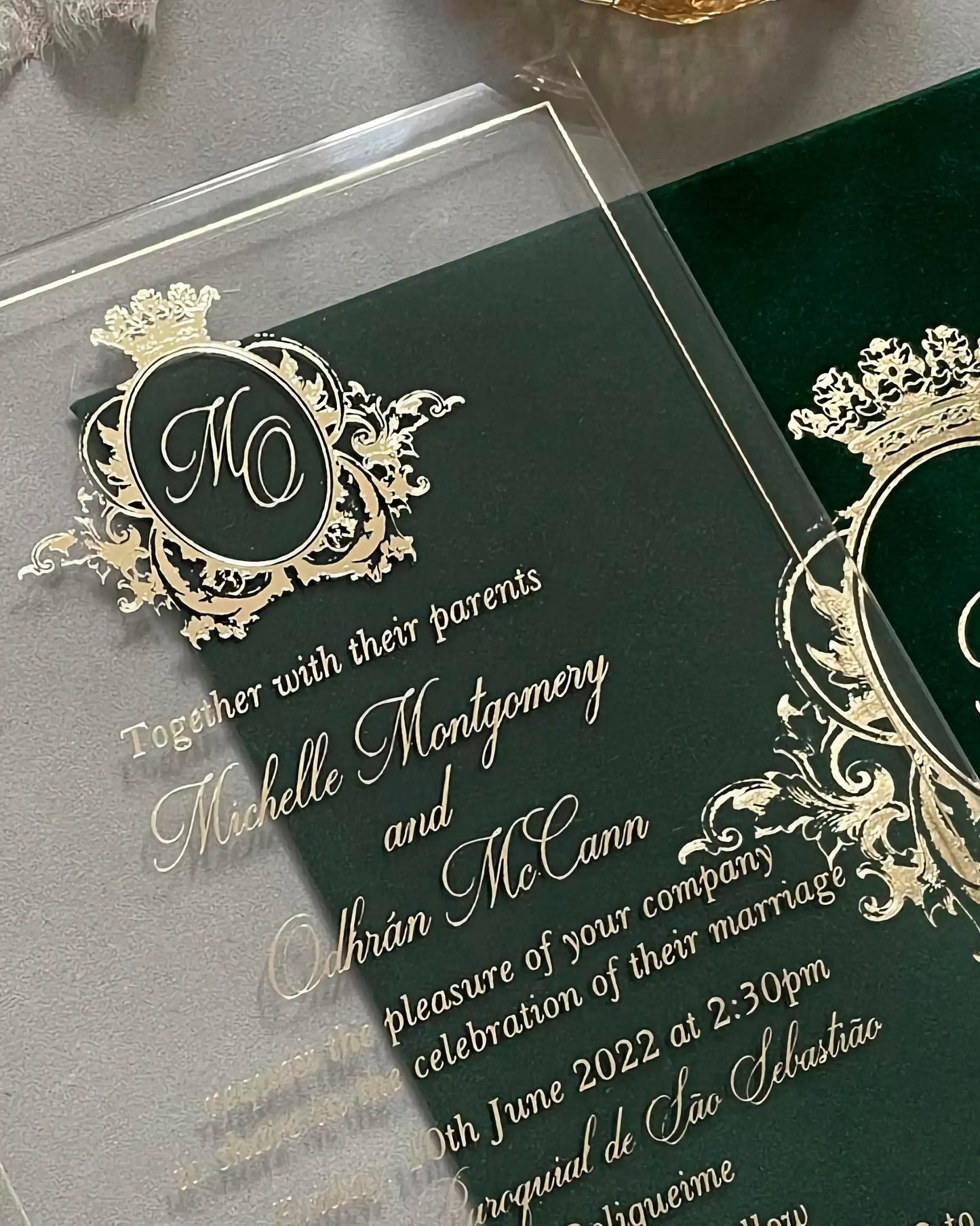 Vienna Gold Acrylic wedding invitation close-up with gold foil baroque monogram and script lettering — Polina Perri