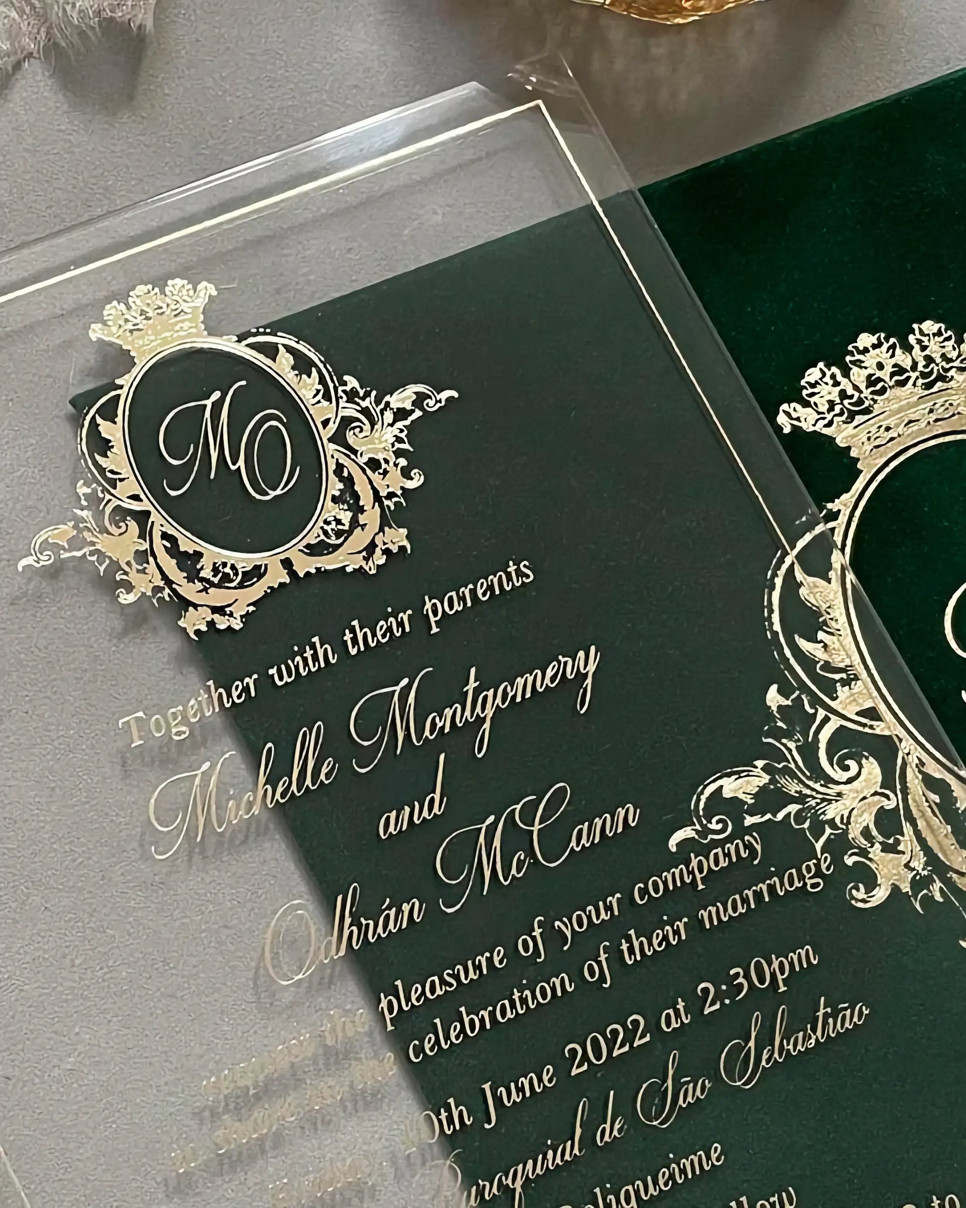Vienna Gold Acrylic wedding invitation close-up with gold foil baroque monogram and script lettering — Polina Perri