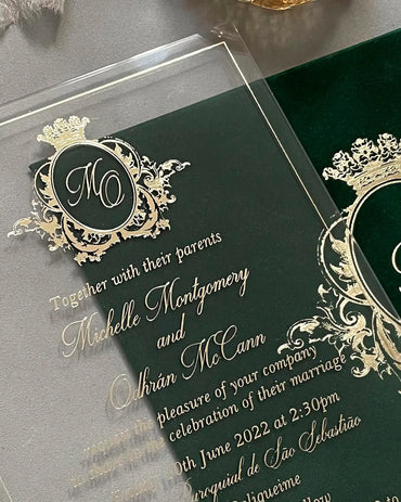 Vienna Gold Acrylic wedding invitation close-up with gold foil baroque monogram and script lettering — Polina Perri