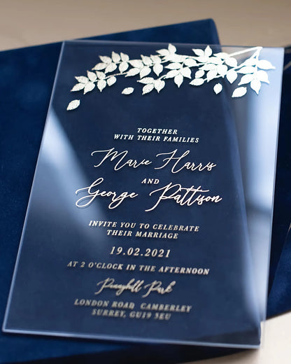 Foliage Acrylic clear acrylic wedding invitation with white foil leaf design on Navy Blue velvet — Polina Perri