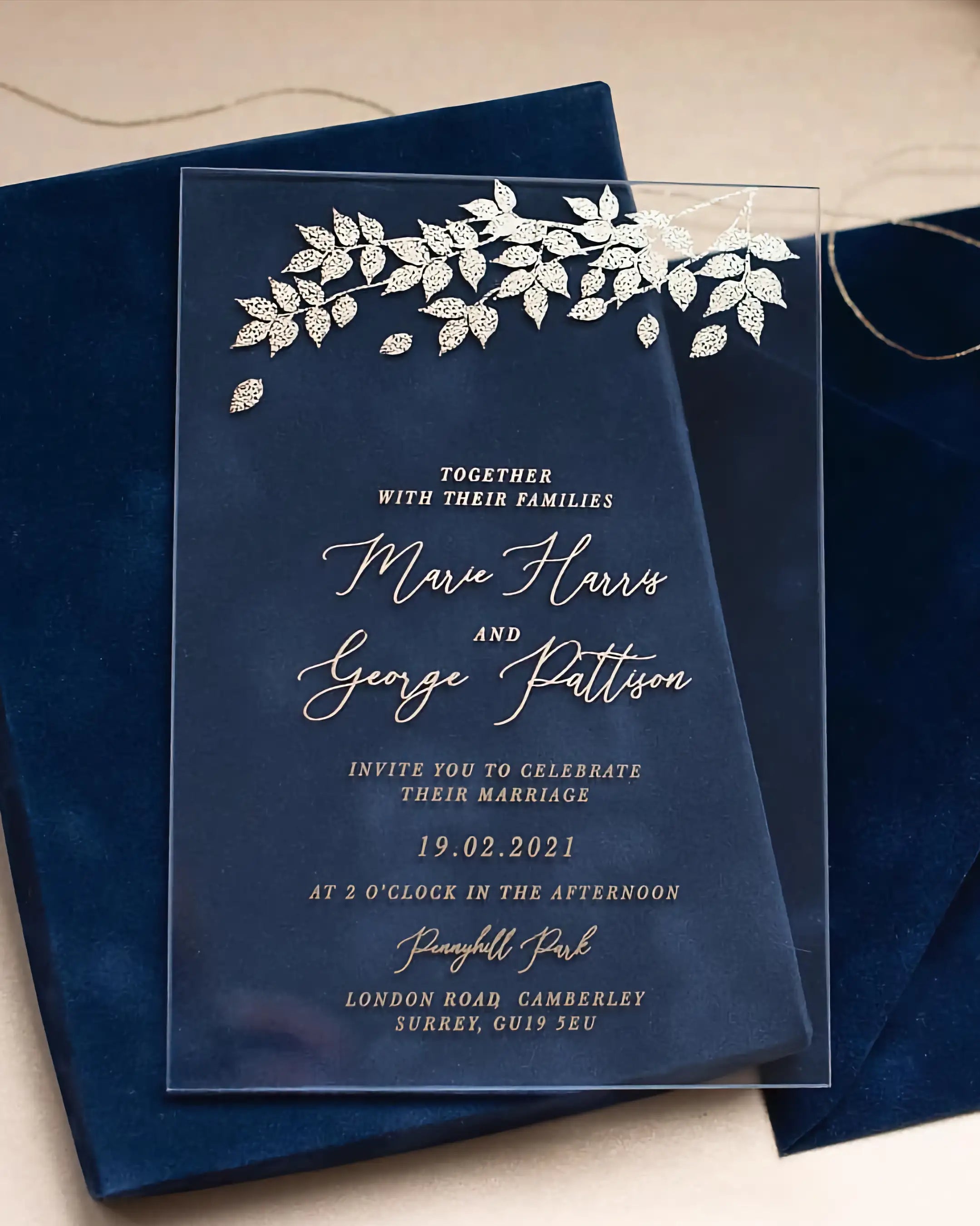 Foliage Acrylic wedding invitation with white foil leaf design on Navy Blue velvet envelope — Polina Perri
