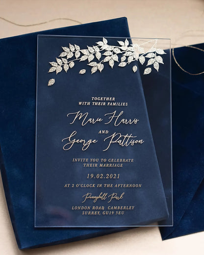 Foliage Acrylic wedding invitation with white foil leaf design on Navy Blue velvet envelope — Polina Perri