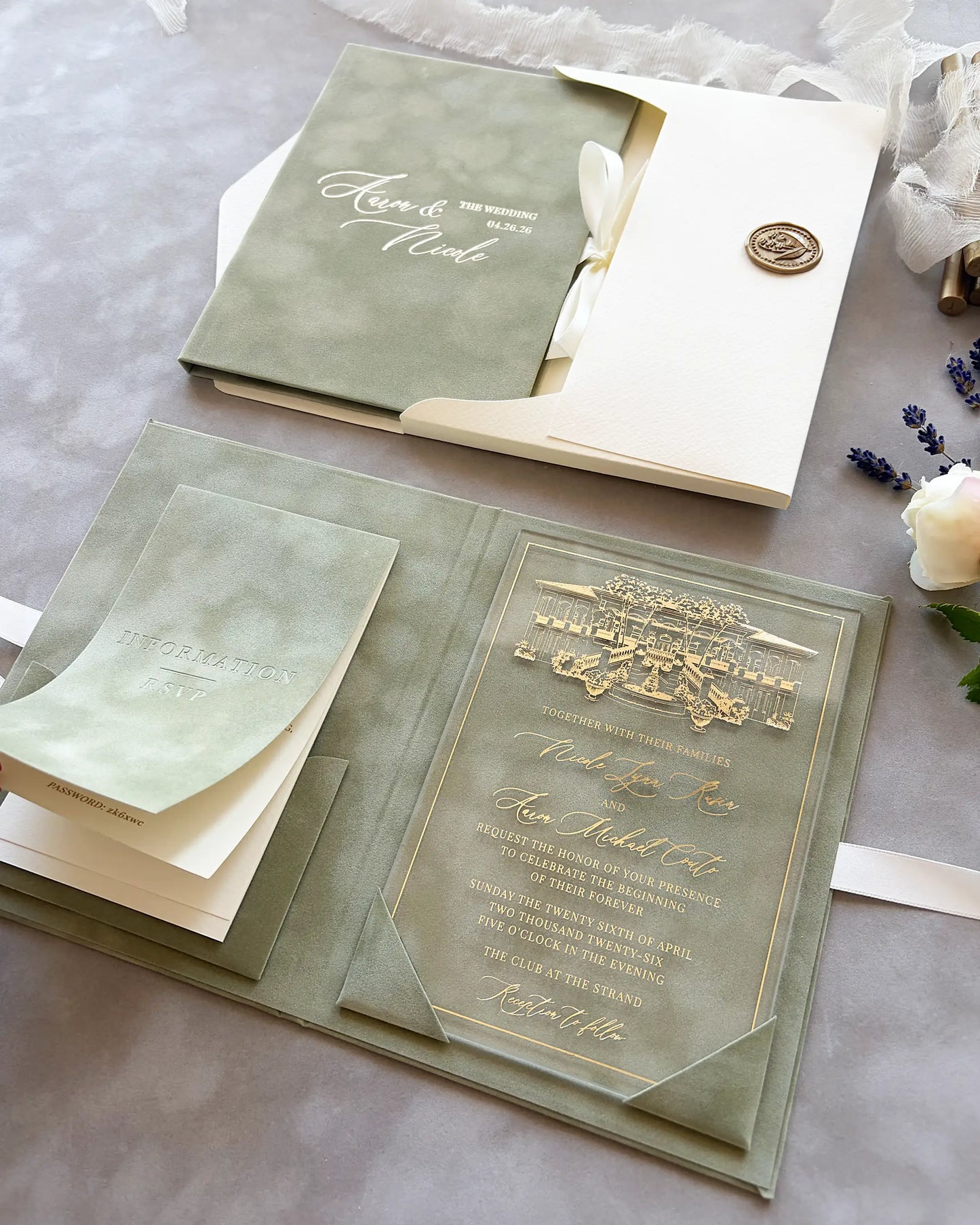 Fiori Folio Sage Green velvet folio with gold foil acrylic insert and stacked suite flat lay — Polina Perri