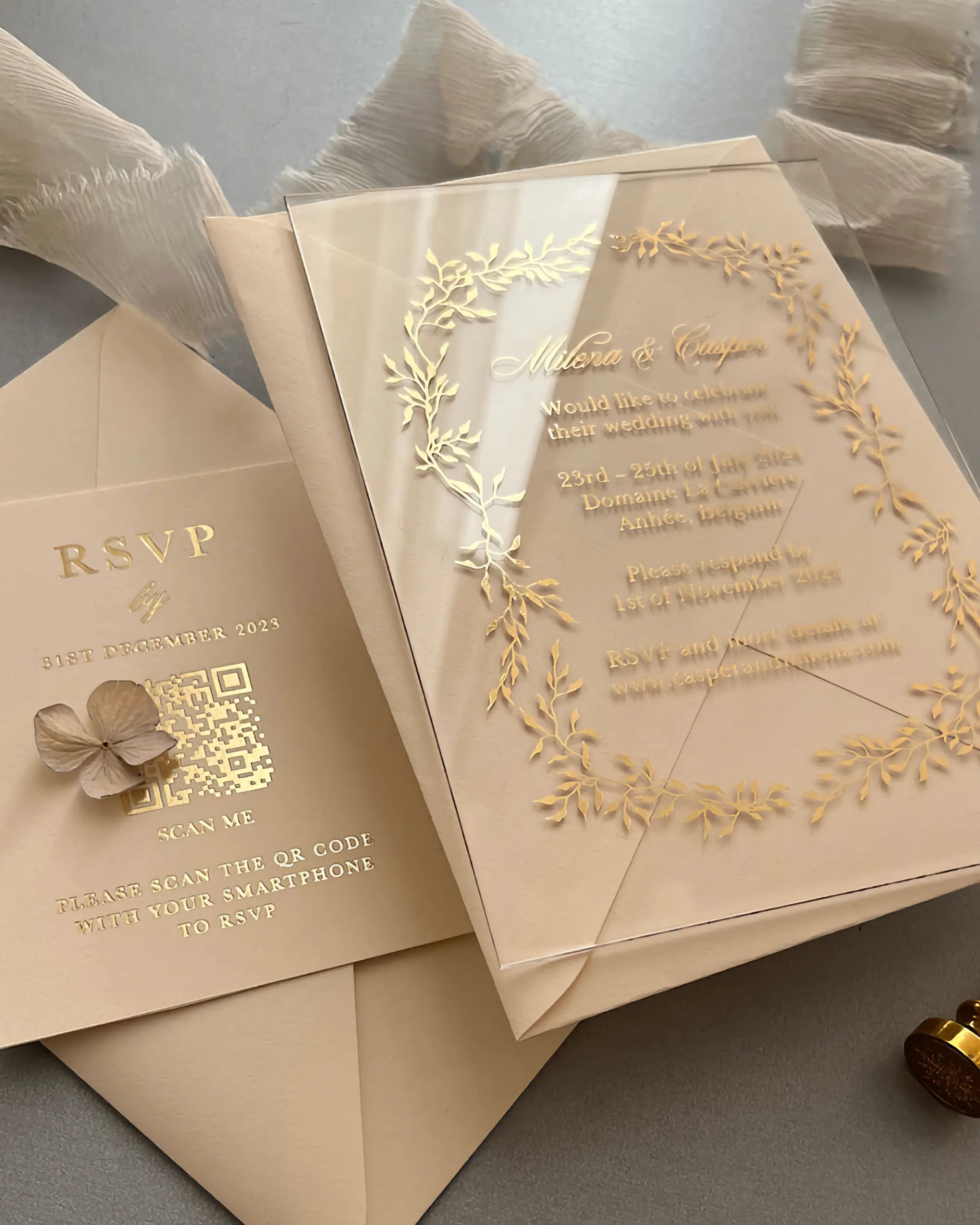Foliage Wreath Acrylic Wedding Invitation with gold foil leaf frame, nude envelope and wax seal — Polina Perri