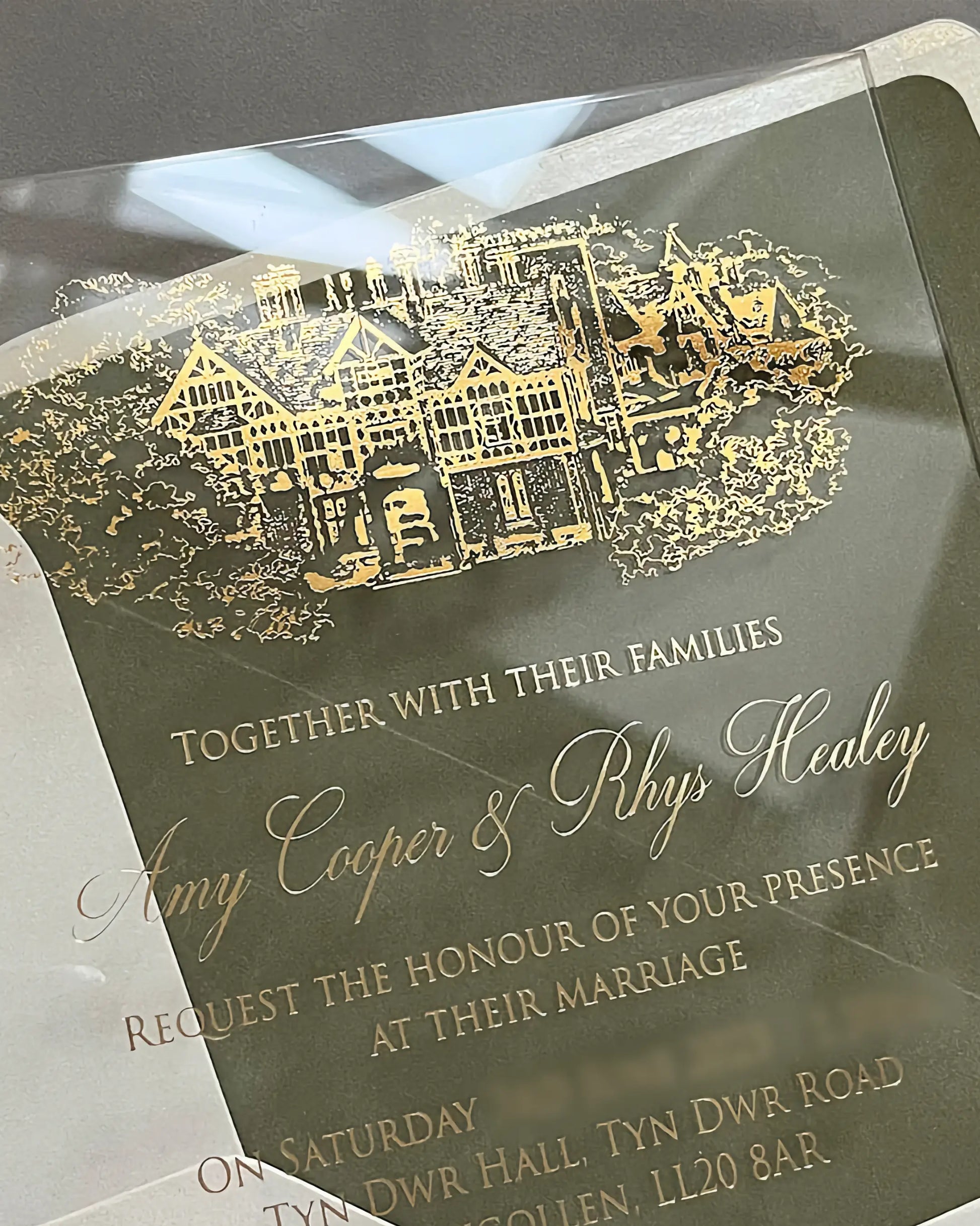 Venue Acrylic and Velvet Liner wedding invitation close-up with gold foil Tyn Dwr Hall venue illustration — Polina Perri
