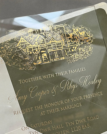 Venue Acrylic and Velvet Liner wedding invitation close-up with gold foil Tyn Dwr Hall venue illustration — Polina Perri