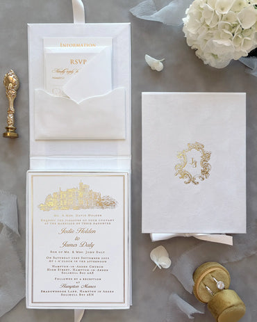 White Velvet Boxed Hampton Manor wedding invitation card by Polina Perri, clear acrylic wedding invitation with elegant gold foil lettering held in hand close up