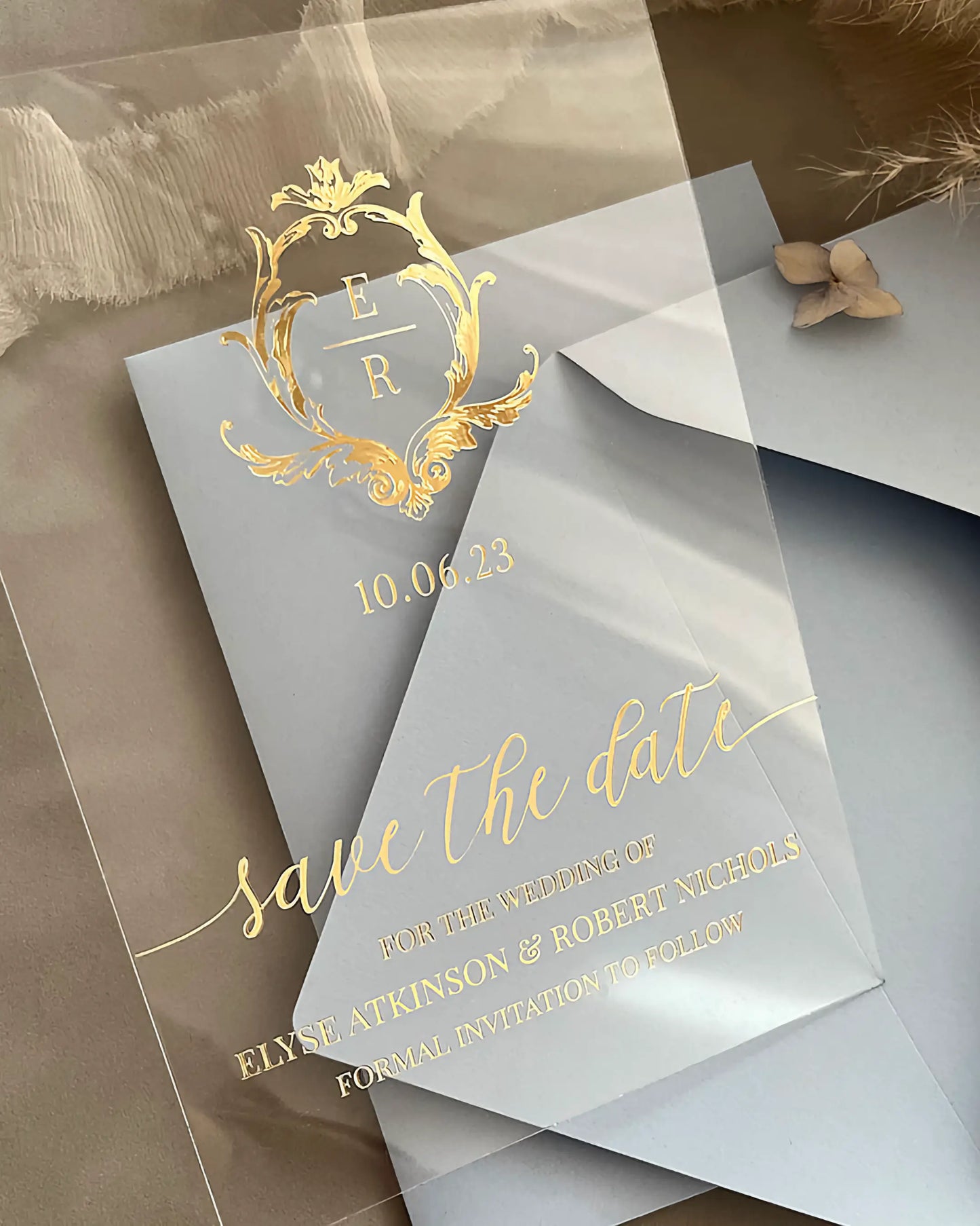 Isabelle Save the Date clear acrylic card with gold foil monogram and script lettering — Polina Perri