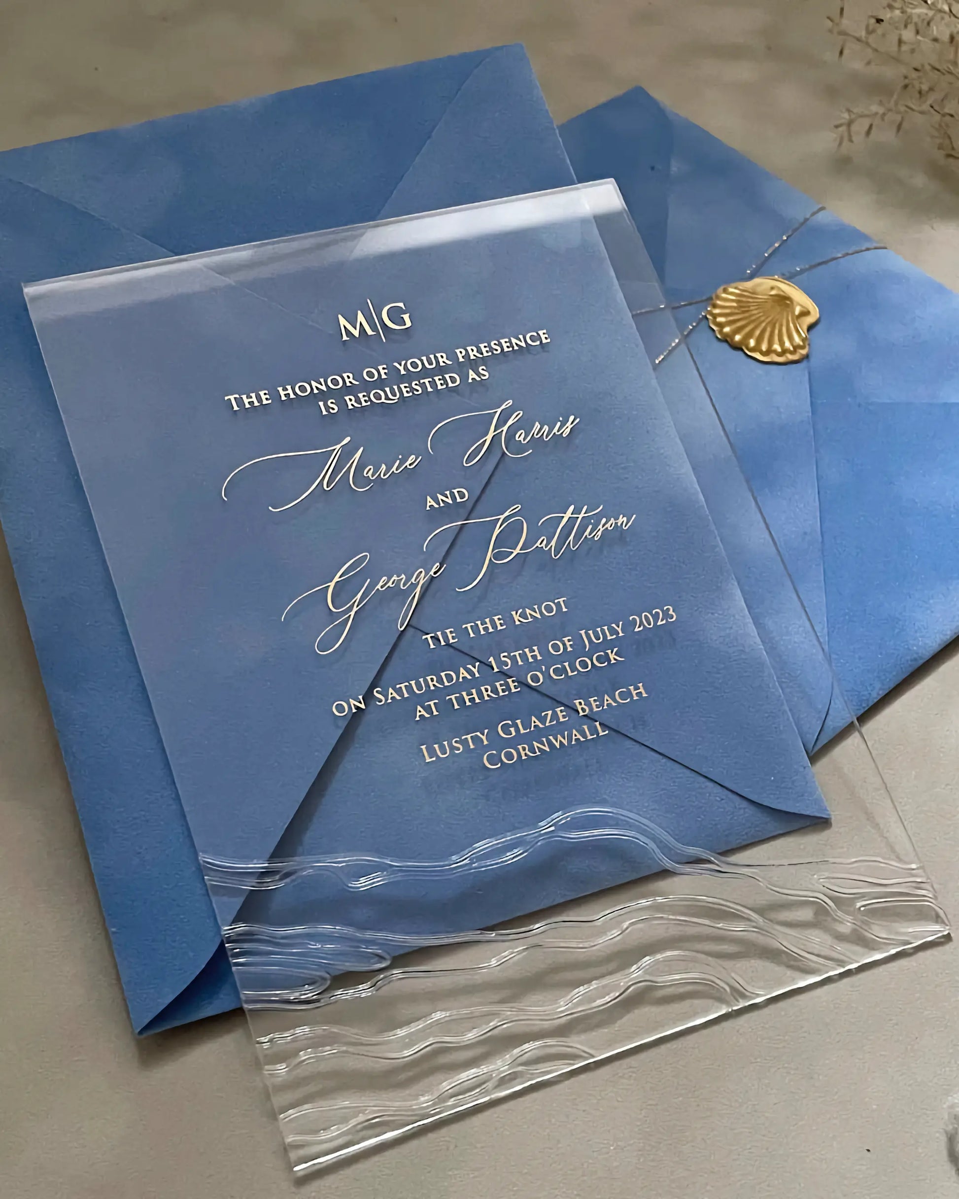 Seawaves Acrylic Wedding Invitation with embossed sea wave bottom on Amalfi blue envelope — Polina Perri