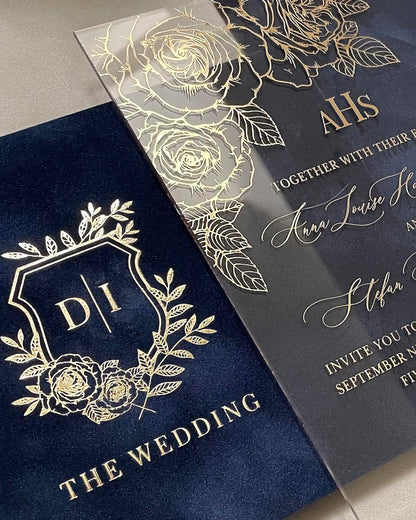 Gold Roses Acrylic wedding invitation close-up with gold foil rose corner detail and monogram crest — Polina Perri