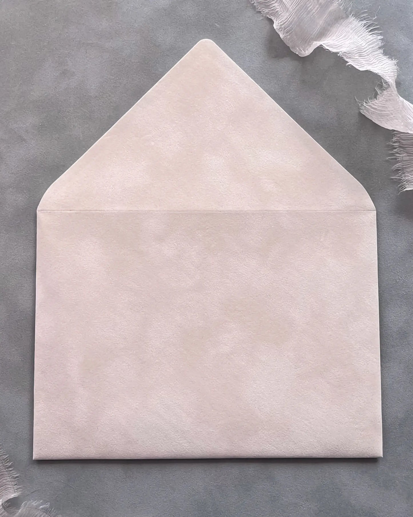 Blush Velvet Paper Wedding Envelope open showing soft texture and cream shimmer liner — Polina Perri