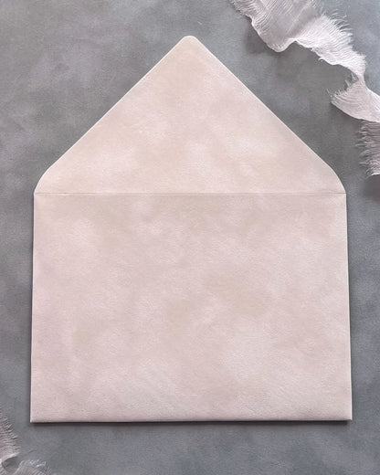 Blush Velvet Paper Wedding Envelope open showing soft texture and cream shimmer liner — Polina Perri