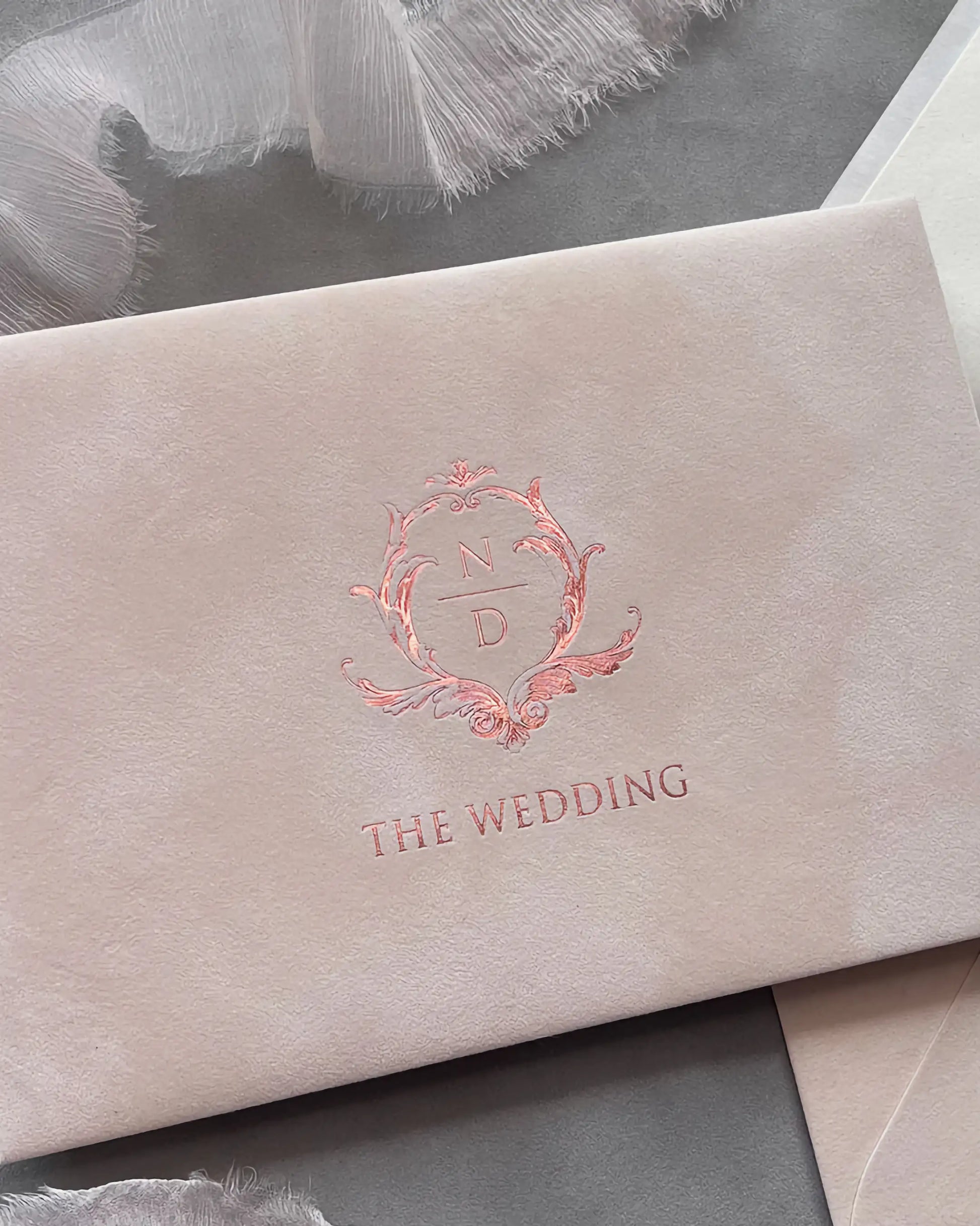 Blush Velvet Paper Envelope with rose gold foil floral crest monogram — Polina Perri