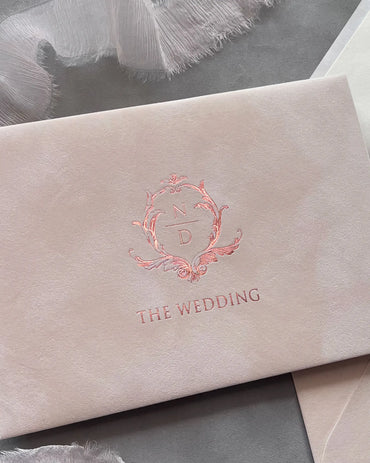 Blush Velvet Paper Envelope with rose gold foil floral crest monogram — Polina Perri