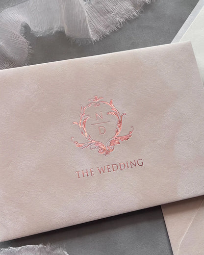 Blush Velvet Paper Envelope with rose gold foil floral crest monogram — Polina Perri