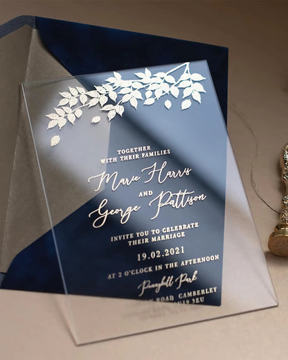 Foliage Acrylic wedding invitation with white foil leaf detail and Navy Blue velvet envelope — Polina Perri