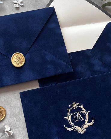 Navy Blue Velvet Wedding Envelopes with gold wax seal and silver foil baroque monogram — Polina Perri