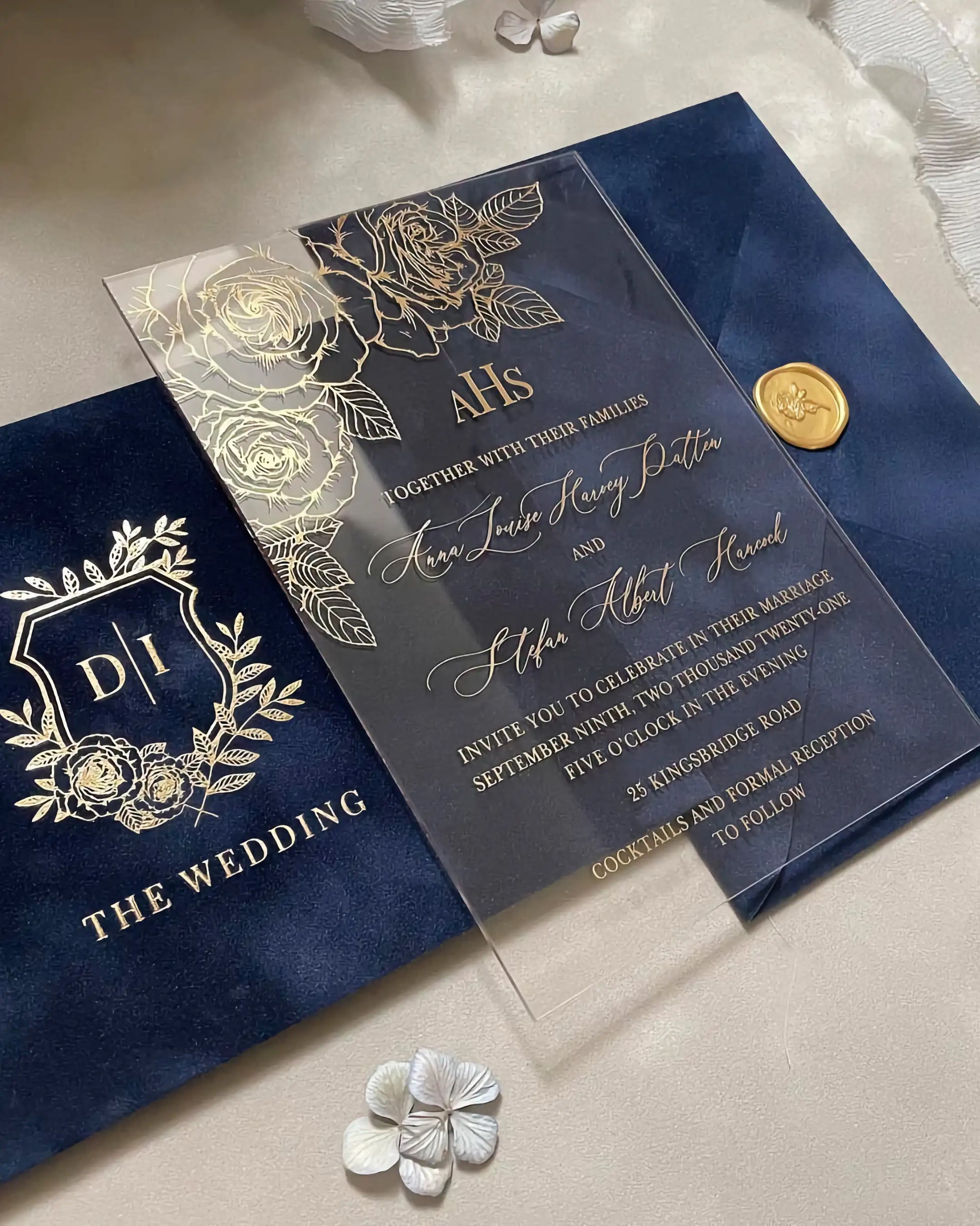 Gold Roses Acrylic wedding invitation with gold foil roses and monogram crest on Navy Blue velvet envelope with wax seal — Polina Perri