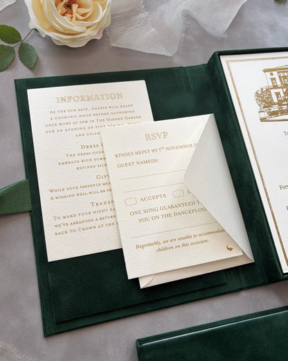 Forest Green velvet boxed invitation with Villa Cora acrylic insert, Information and RSVP cards — Polina Perri
