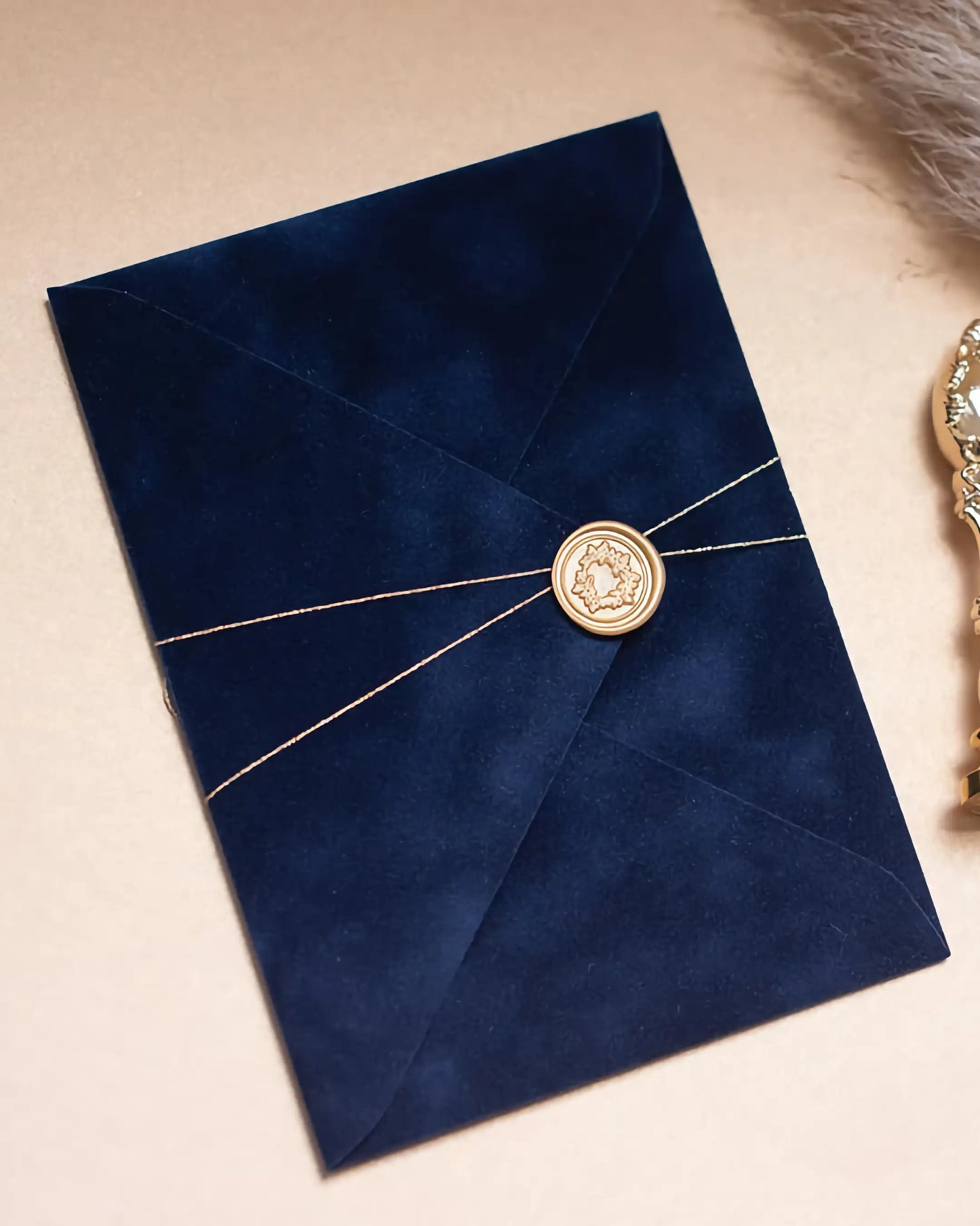 Foliage Acrylic wedding invitation Navy Blue velvet envelope with gold wax seal — Polina Perri
