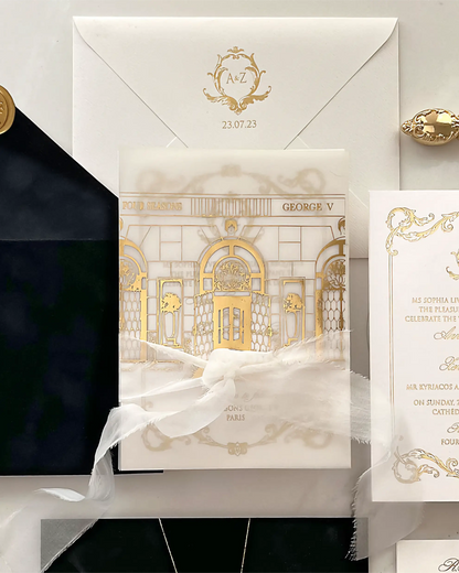 Luxurious invitation card with gold design and envelope on a white background
