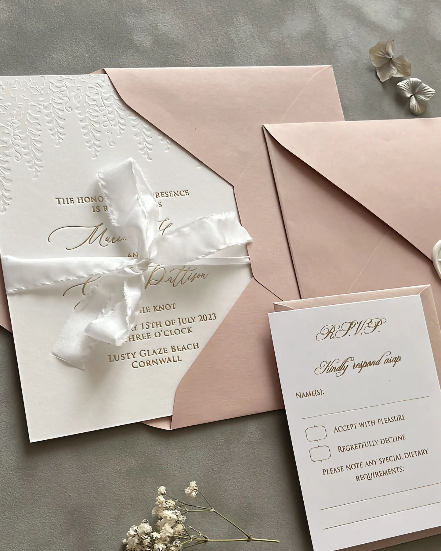 Embossed Wisteria Wedding Invitation Suite with Blush Envelope and RSVP Card — Polina Perri