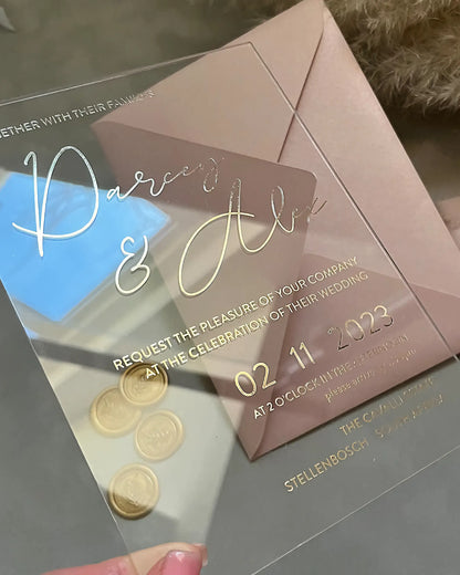 Modern Chic Acrylic wedding invitation with gold foil script and Dusty Pink envelope with wax seals — Polina Perri