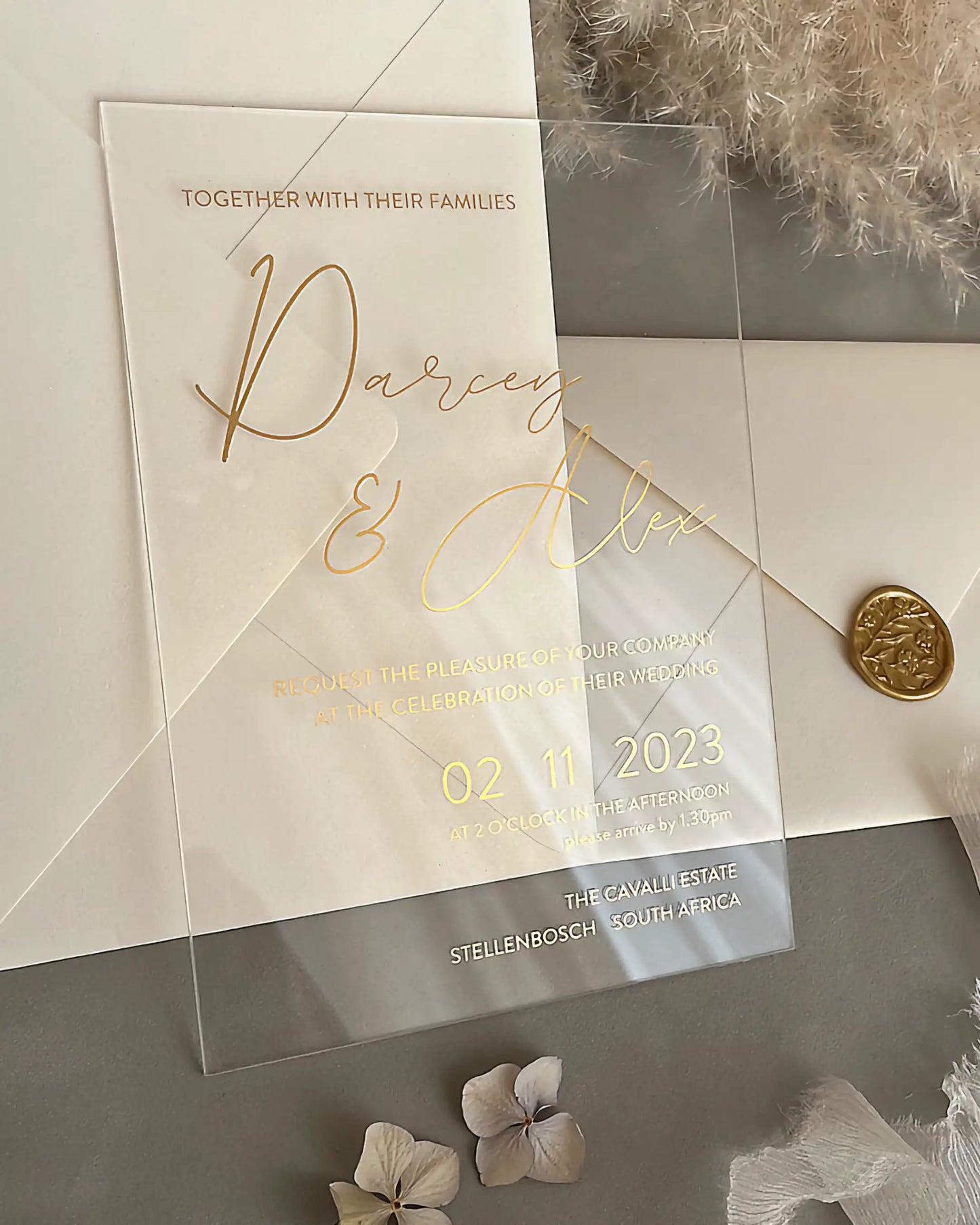 Modern Chic Acrylic wedding invitation with gold foil script and wax seal on cream envelope — Polina Perri