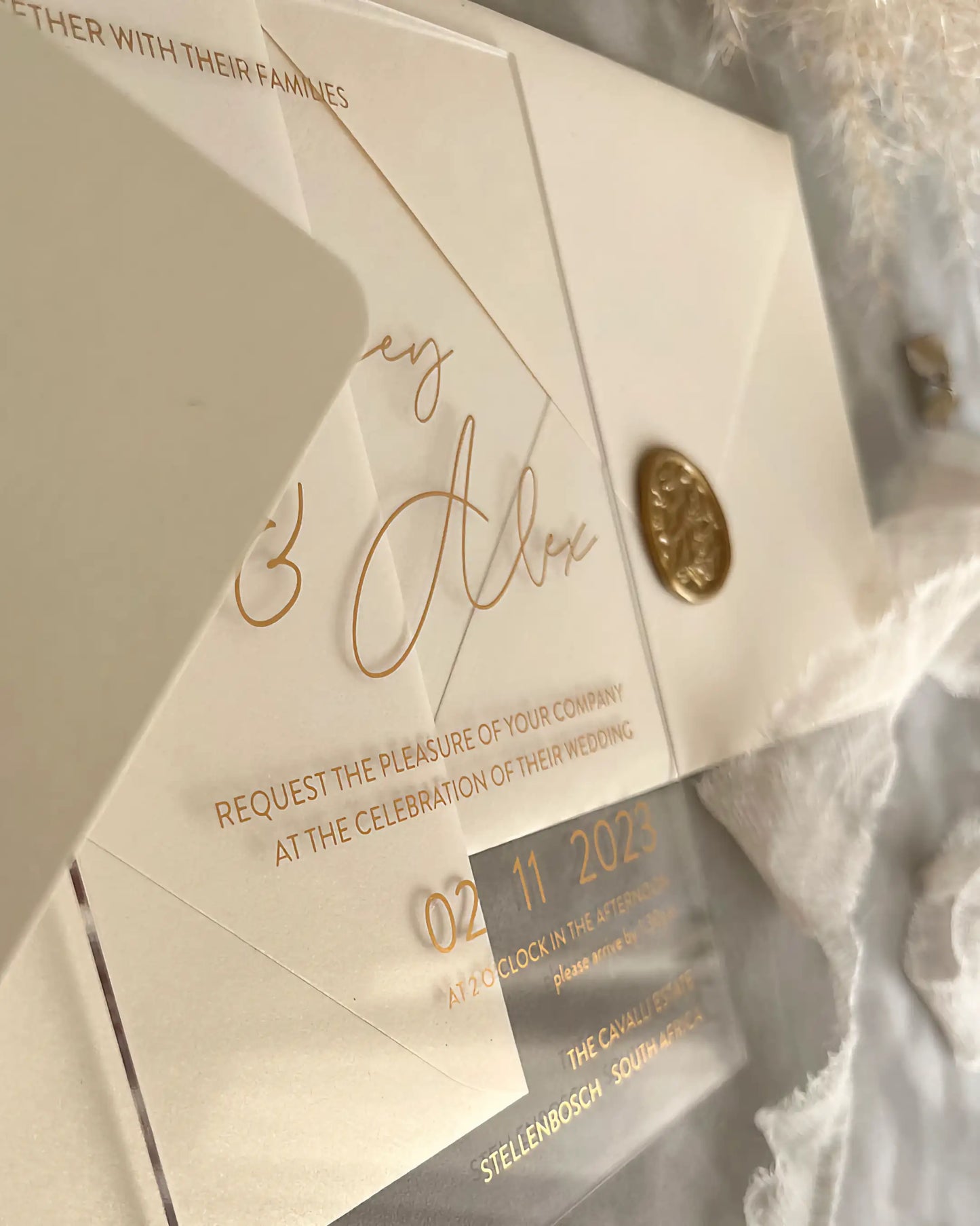 Modern Chic Acrylic wedding invitation with gold foil text and gold wax seal on clear acrylic — Polina Perri